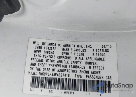 2015 Honda Accord Ex-L V-6 from USA, damaged, VIN 1HGCR3F88FA027419